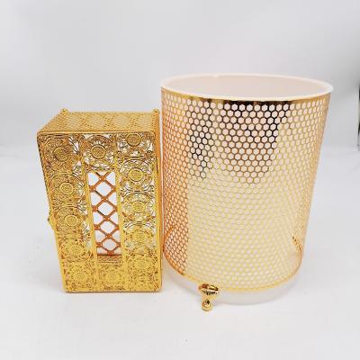 China Sustainable gold waste bin and tissue box set garbage can trash can for sale