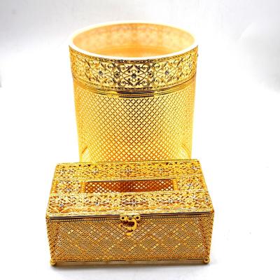 China Sustainable hotel home gold plated metal trash cans tissue box set waste bin for sale