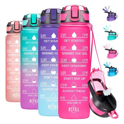 China Viable Gradient Color Tritan Water Bottle 1L BPA Free Sports Outdoor Drinking Water Bottle With Drinking Times for sale