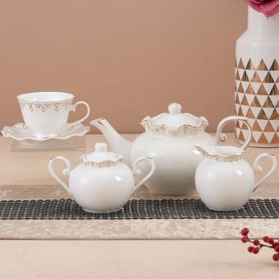 China Sustainable Amazon Hot Sale Gold White Porcelain Sugar Bowl Milk Jug Saucers Tea Cup Ceramic Teapot Set for sale