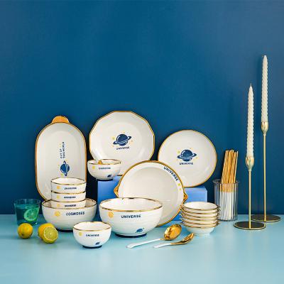 China Sustainable Kitchen Utensils Blue Planet Gold Rimmed Custom Print Ceramic Bone China Dinner Plates Dinnerware Sets for sale