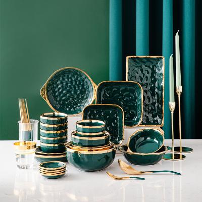 China Sustainable Nordic Dark Green China Tableware Porcelain Ceramics Plates Dinnerware Dinner Set Porcelain Dinner Set for sale