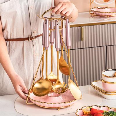 China Sustainable Amazon Top Seller 6 Pcs Sets Stainless Steel Cooking Utensil Kitchen Utensil Set With Holder for sale