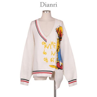 China Anti-shrink Cartoon Stylish Pattern Print Stripe V Neck Girls Irregular Edge Sweater Knitted Sweaters Women for sale