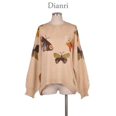 China Cool Illustration Style Butterfly Simple Loose Pattern Anti-shrinkage Printing Custom Knit Women's Distressed Sweater Yiwu for sale