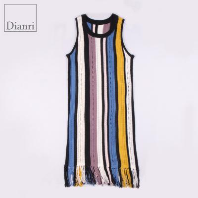 China Anti-Wrinkle Lady Sleeveless Multicolor Knit Fringe Edge Rainbow Long Dress for sale