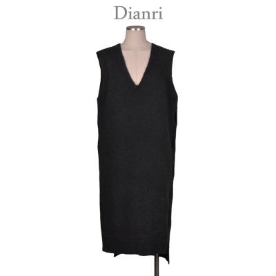 China Custom Sleeveless Side V Neck Open Edge Slit Anti Shrink Loose Knit Women Long Sweater Dresses for sale