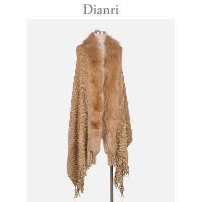 China Anti-pilling chenille ponchos for women knit oversized raccoon fur neck poncho wrap open front cover shawl cape with tassel for sale