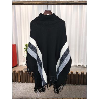 China Anti-pilling Chunky Women Turtle Neck Knit Loose Batwing Sleeve Stripe Tassel Edge Winter Sweater Shawl Coat Top Shinning for sale