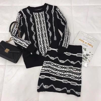 China Anti-shrink paisley and geometric jacquard knit sweater top and knit mini skirt two piece set for sale