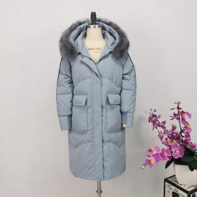 China 2021 Blue Good Quality Women Winter Windproof Long Coat Down Jacket Clothing Outerwear Women With Fur Collar Loose Standard 1pcs for sale