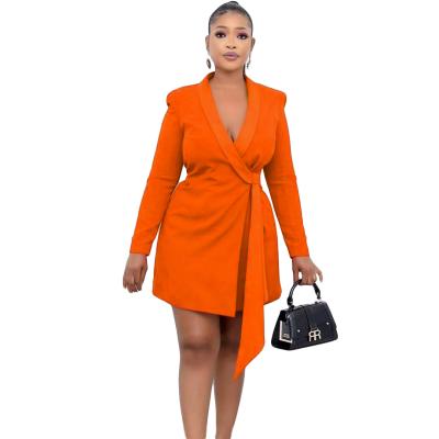 China D3067M 2022 autumn anti-static women plus size V-neck solid color suit collar blazer dress african casual boho mini bodycon dresses for sale