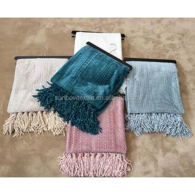 China Wearable Flannel Fleece Blanket With Tassels Embossed Flannel To Throw Soft Cable Fringe Blanket for sale