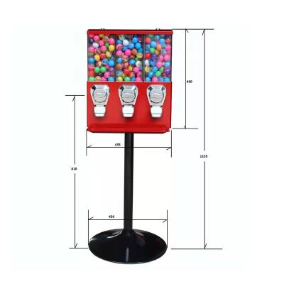 China Indoor High Quality Triple-Container Rubber Bouncy Ball Gumball Candy Machine Vending Dispenser With Stand Bracket for sale