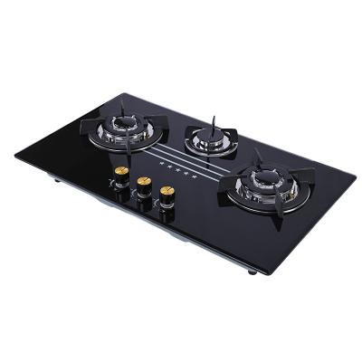 China High Quality Black Gas Glass Cooktop Tabletop 3 Burner Stove Pan Stand Cooktops Burner Hotel Cast Iron Gas for sale