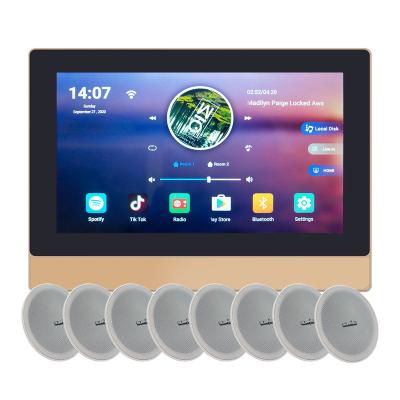 China Whole Room Music System 2Zone 7inch Screen Wall Amplifier 8 Ceiling Mount Speaker 7inch HD Audio Touch Screen for sale