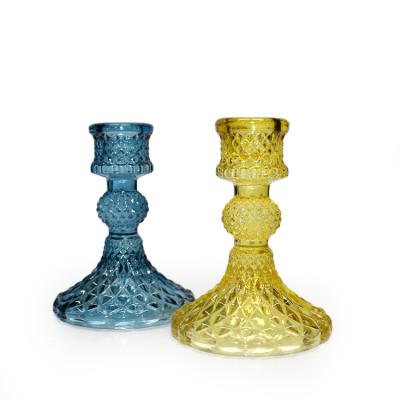 China Crystal Look Classic Tabletop Candlestick Embossed Jar Wedding In Color Candle Holder for sale