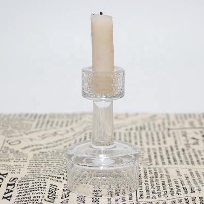 China Langxu Fashion Style Beautiful Home Cute Luxurious Candlestick Glass Holder Clear Solid Glass Candle Holders For Decoration for sale