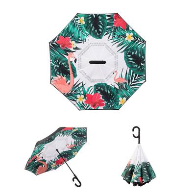 China Modern Automatic Inverted Print Design Customizable Reverse Opening Flamingo Umbrella for sale