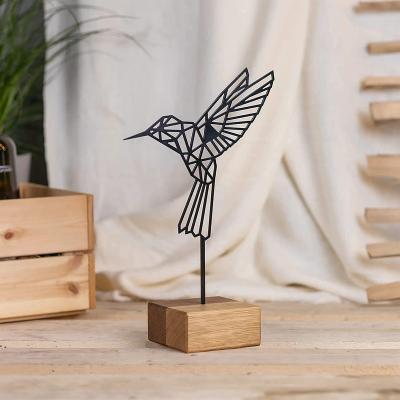 China Eclectic Hummingbird Metal  Wooden Stand Modern Industrial Decoration with Wood and Metal for sale