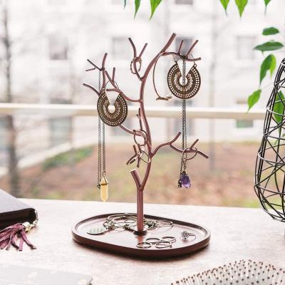 China Eclectic Metal Jewellery Tree Stand  Organiser Hanger Display Holder with Wooden Dish Base to Store Necklaces for sale