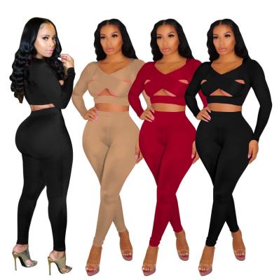 China New S M 2021 Autumn Soild Crop Main Breathable 2 Piece Legging Suit Women Slim Jogger Suits Sexy Hollow Out Pants Two Piece Set for sale