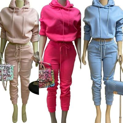 China 2021 autumn women clothes sweater hoodie QUICK DRY cotton set nude sweatsuit cashmere sweater set women 2 piece jogger set with string for sale