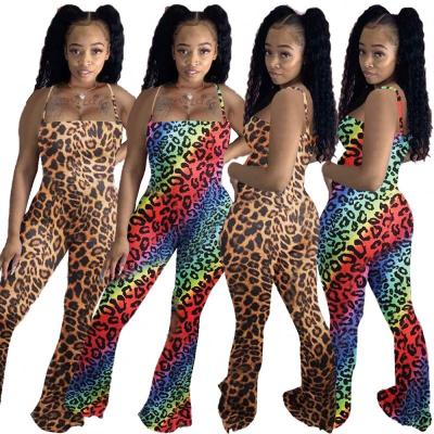 China 2021 new arrivals summer women's sexy leopard print sling anti-pilling big flared high flexibility casual jumpsuit for sale