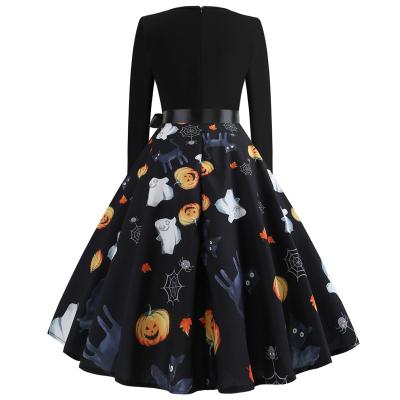 China Women Washable Ready Winter MOOSHE Long Sleeve Crewneck Pumpkin Print Halloween Costume Dressy Dresses Vintage Casual Clothing for sale