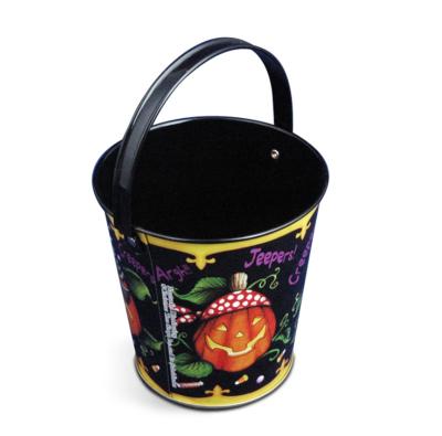 China Customized Halloween Gift Tin Bucket Colorful Snacks Metal Bucket Tin With Handle for sale