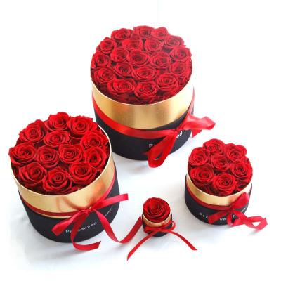 China Gift Camoro Mother's Valentine's Day Gift Preserved Roses Flowers Eternal Preserved Real Flower In Round Gifts Box for sale