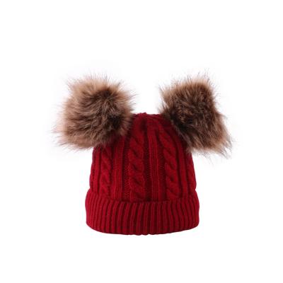 China European And American Style OEM Knitted Faux Fur Pom Beanie For 6-36 Months Custom Baby Beanie With Two Ball for sale