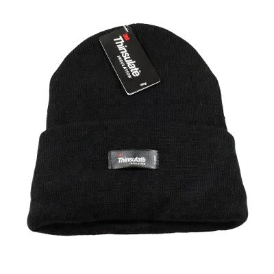 China COMMON Winter Beanie Hat Black 3m Thinsulate 40 Gramm Knitted Knitte Men's Unisex Acrylic Embroidered Hat 100% Woven Label 500pcs Custom Made for sale