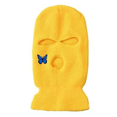 China Commoner Acrylic Knitted Ski Mask Adult Custom Knitted 3 Hole Balaclava Hat With Butterfly Embroidery Logo for sale