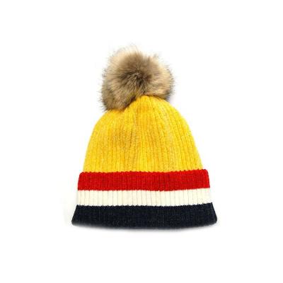 China JOINT Fashion Ladies Knitted Hats Soft Chenille Custom Ladies Beanie Hats With Fur Pom Pom for sale