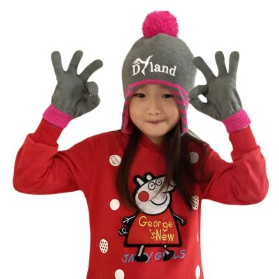 China Custom Acrylic DYland Boys Girls Long Kids Knit Earflap Beanie Hat and Glove Set for sale