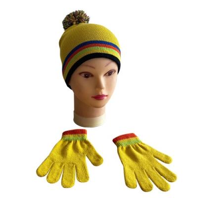 China Kids Acrylic Long Flip Beanie Pom Pom Beanie Hat and Glove Set for sale