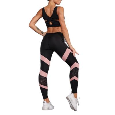 China Haoyue Breathable Women's Fitness Gaiters Running Pants Pink Yoga Pants Patchwork Mesh Women's High Waist Elastic Fitness Sports Gaiters for sale