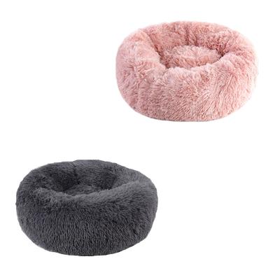 Cina Letto lanuginoso molle rotondo del gatto della ciambella, colore grigio della pelliccia della peluche del letto del cuscino del gatto/rosa materiale in vendita