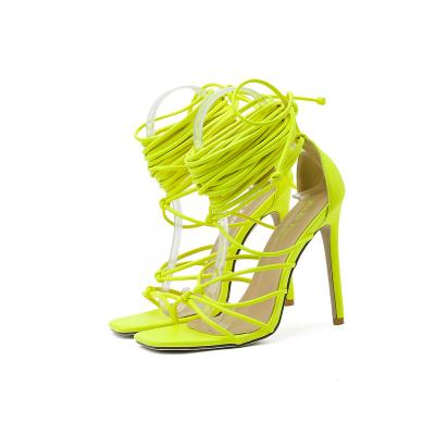 China ISEEYOUFIRST PU Shoes Woman Lace Up Sexy Stiletto High Heels Sandals Heel For Ladies Girls Yellow Black White Pink for sale