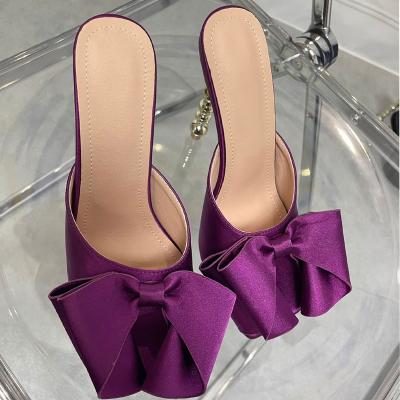 China 115201 Iseeyoufirst Women's Sandals Trend 115201 Sexy Purple Fashion New Satin 2022 Summer Butterfly-knot Ball Heel Shoes Designer Sandals for sale