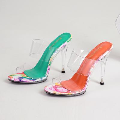 China 2021 color matching external wearing sandals one line high heels new fashion women's shoes fashion trend 114254 fish transparent crystal mouth for sale