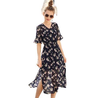 China wholesale short side sllit short side sllit women's dresses wholesale hot sale v-neck print chiffon women's dresses Anti-wrinkle sleeve for sale