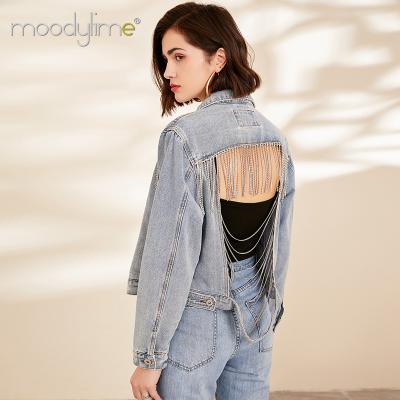 China Fashion Custom Women's Breathable Denim Jacket With Design Diamond Hollow Back Tassel Wash Denim Women's Coat for sale