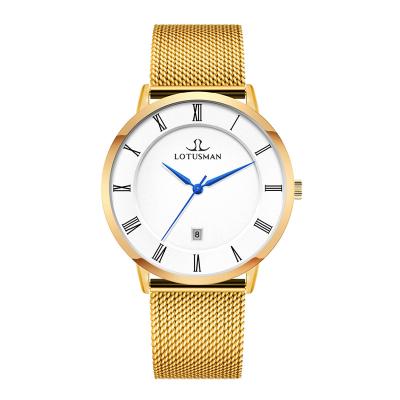 China Sapphire Crystal Glass Stainless Steel Mesh Luxury Band Latest Day/Date Brand 24k Gold Watch For Men for sale