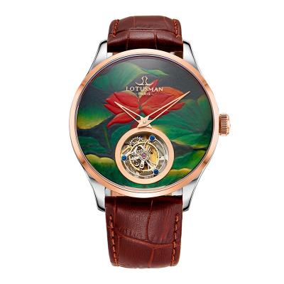 China Custom Classic Water Resistant Diamond Setting Men Hand Painted Micro Dial Luxury Enamel Tourbillon Enamel Watch for sale