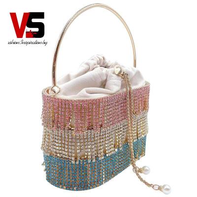 China Colorful Diamond+Pearl Luxury Rhinestone Tassel Evening Clutch Purse Diamond Shoulder Bag Ladies Alloy Metal Cage Basket Purse for sale