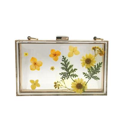 China 2021 New Flower Party Evening Purse Clutch Bag 2021 Yellow Field Small Flower Acrylic Transparent Square Bag Dinner Bag for sale