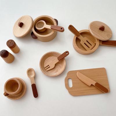 China Wooden children's toys wooden log fruit vegetable tableware kitchen utensils family grid parent-child simulation role-playing toys for sale