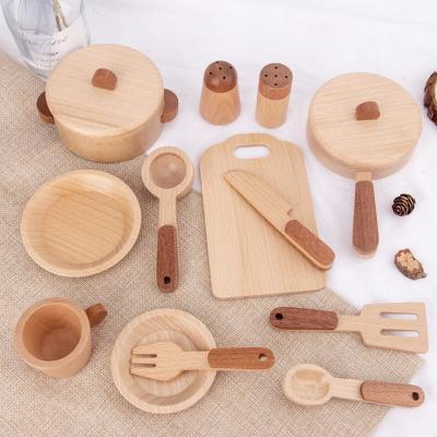 China Parent-child simulation of children's toys role-playing wooden children's log fruit vegetable tableware family grid of toys kitchen utensils for sale